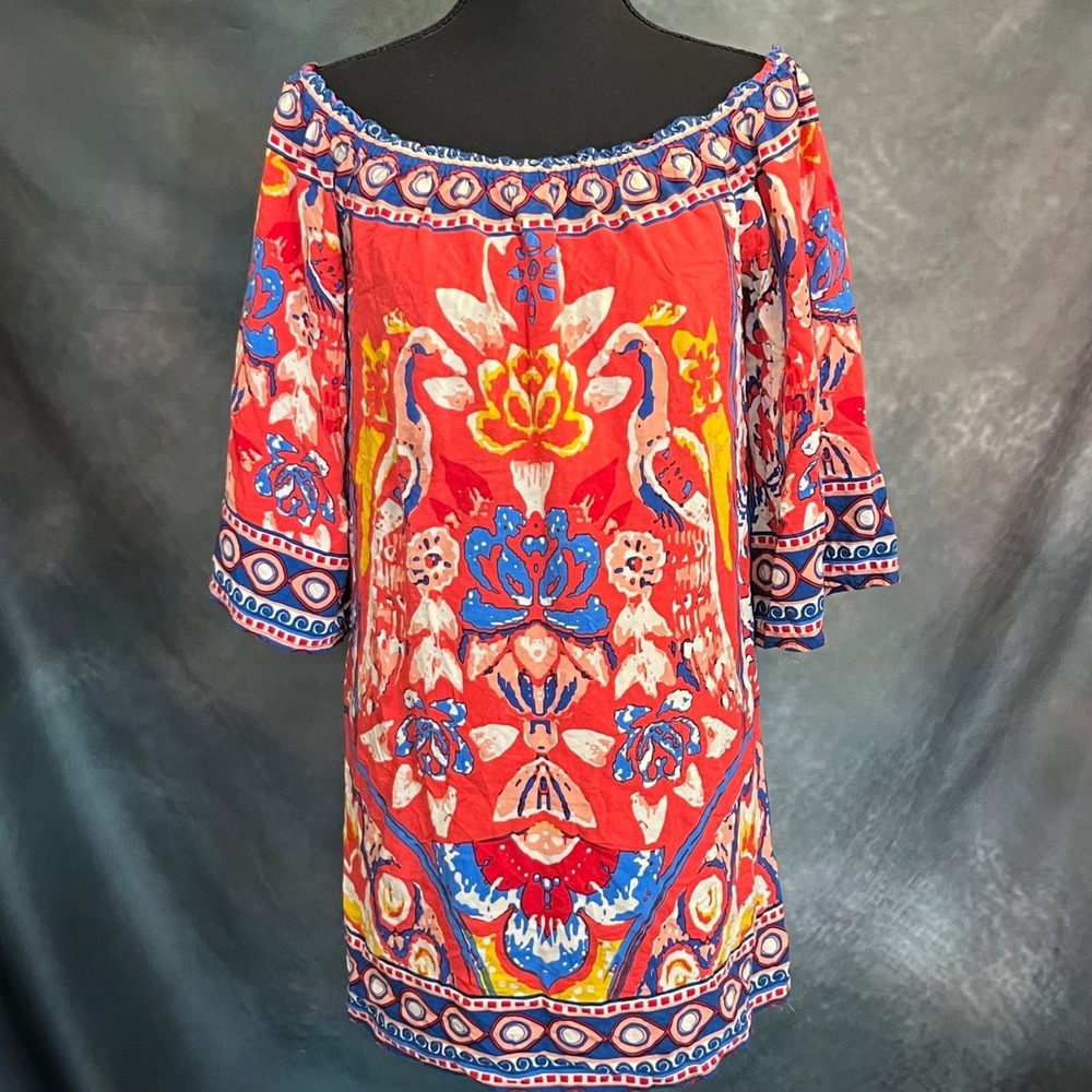Freemarket by Flying Tomato Off‎ Shoulder Tunic Red Blue Yellow Floral Print Med